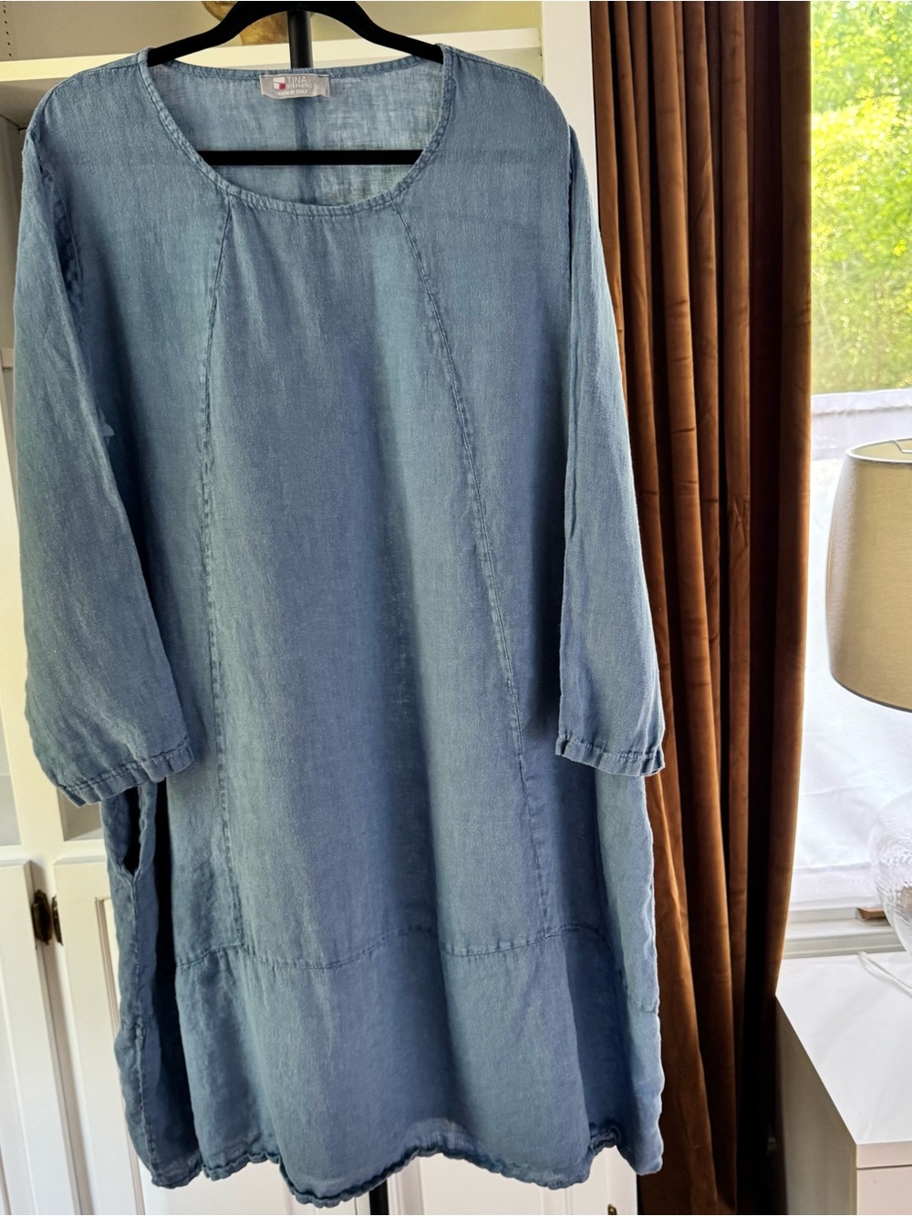 Tina Stephens Made in Italy Linen Tunic Dress Blue Lagenlook OS